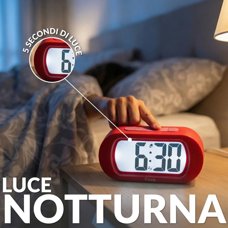 Orologio sveglia digitale rosso e rosa con funzionamento a pile, facilissima da utilizzare