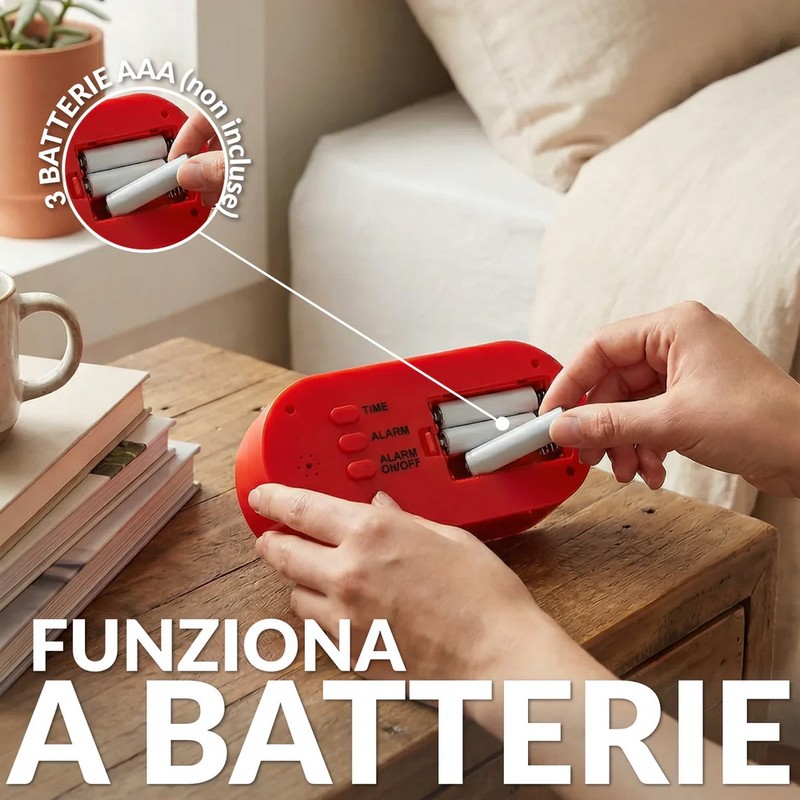 Orologio sveglia digitale rosso e rosa con funzionamento a pile, facilissima da utilizzare