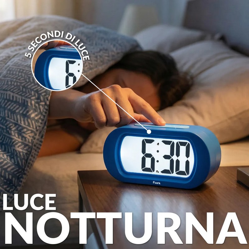 Orologio sveglia digitale blu e azzurro con funzionamento a pile, facilissima da utilizzare e con luce notturna
