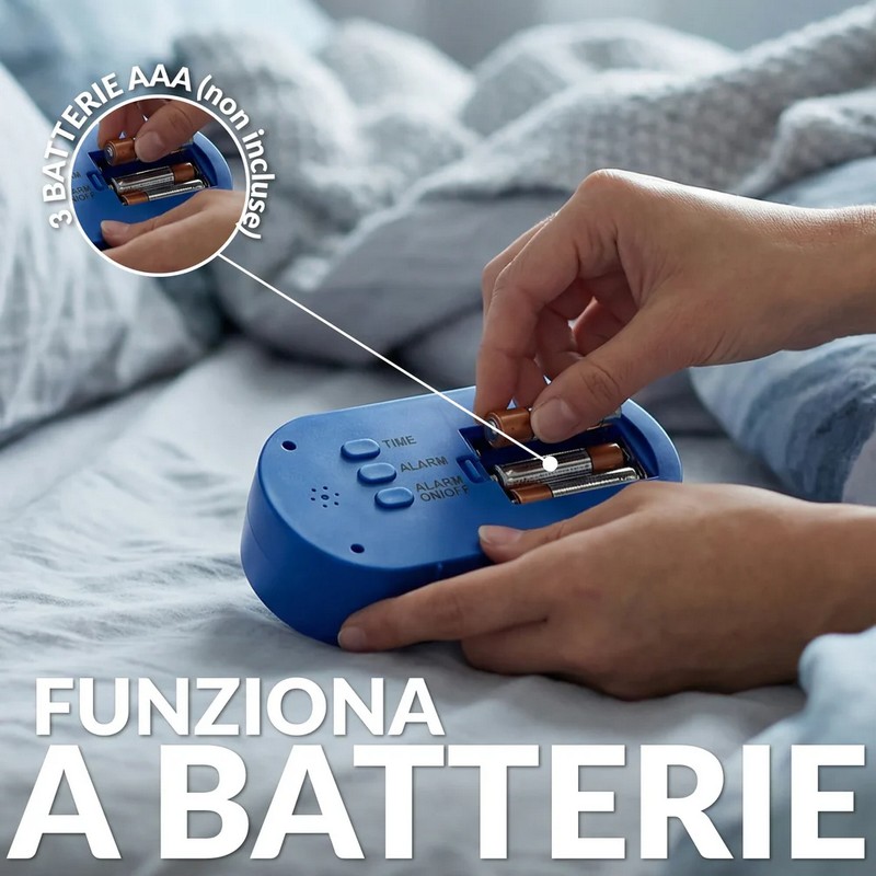 Orologio sveglia digitale blu e azzurro con funzionamento a pile, facilissima da utilizzare e con luce notturna