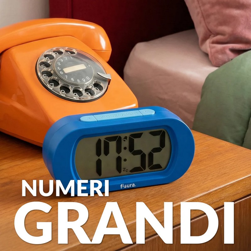 Orologio sveglia digitale blu e azzurro con funzionamento a pile, facilissima da utilizzare e con luce notturna