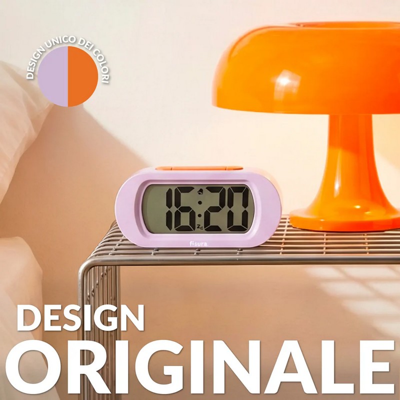 Orologio sveglia digitale lilla e arancione con funzionamento a pile, facilissima da utilizzare e con luce notturna