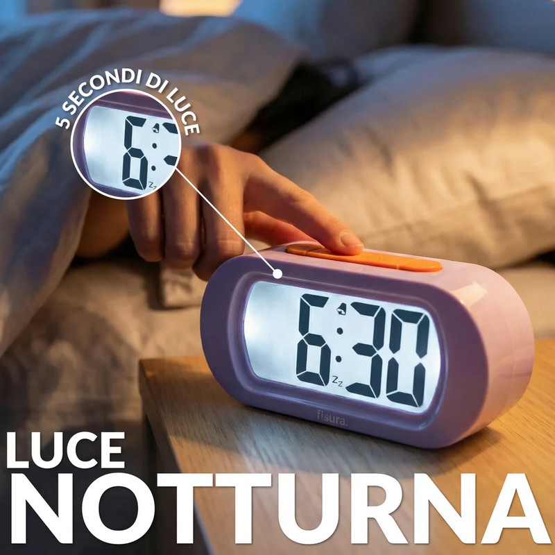 Orologio sveglia digitale lilla e arancione con funzionamento a pile, facilissima da utilizzare e con luce notturna