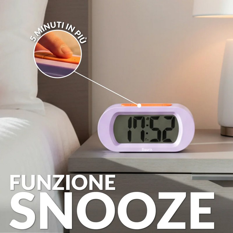 Orologio sveglia digitale lilla e arancione con funzionamento a pile, facilissima da utilizzare e con luce notturna