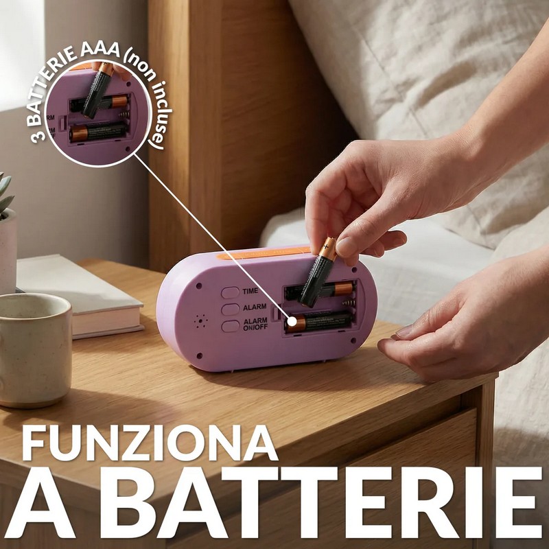 Orologio sveglia digitale lilla e arancione con funzionamento a pile, facilissima da utilizzare e con luce notturna