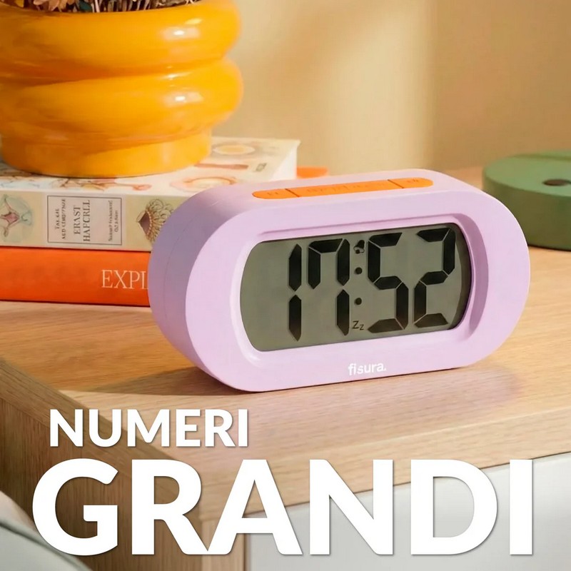 Orologio sveglia digitale lilla e arancione con funzionamento a pile, facilissima da utilizzare e con luce notturna