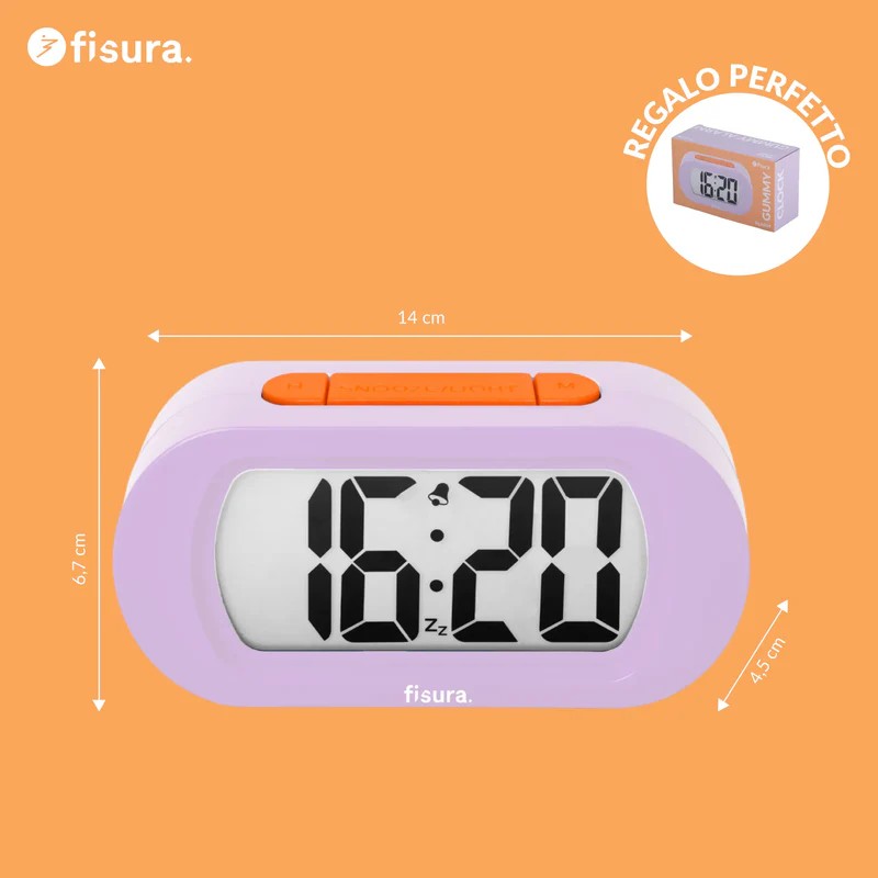 Orologio sveglia digitale lilla e arancione con funzionamento a pile, facilissima da utilizzare e con luce notturna