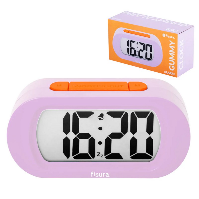 Orologio sveglia digitale lilla e arancione con funzionamento a pile, facilissima da utilizzare e con luce notturna
