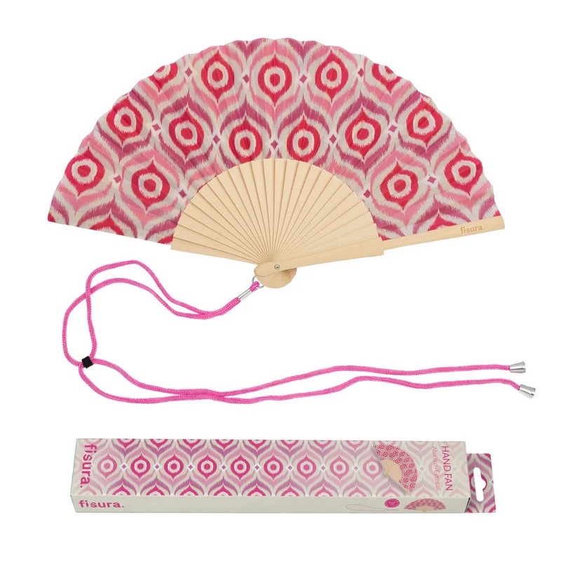 Ventaglio con fantasia tribale rosa in bambù, perfetto come regalo estivo