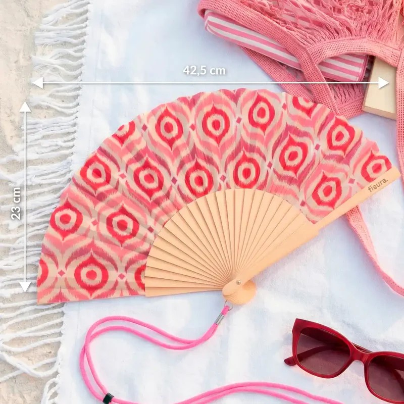 Ventaglio con fantasia tribale rosa in bambù, perfetto come regalo estivo