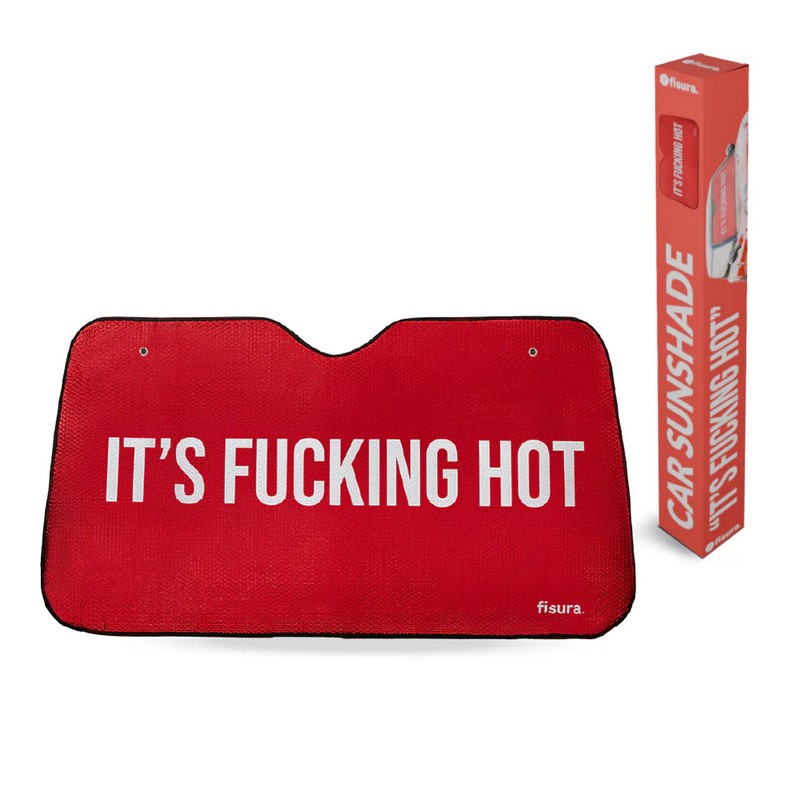 Parasole auto rosso per vetro anteriore con scritta “It's fucking hot”