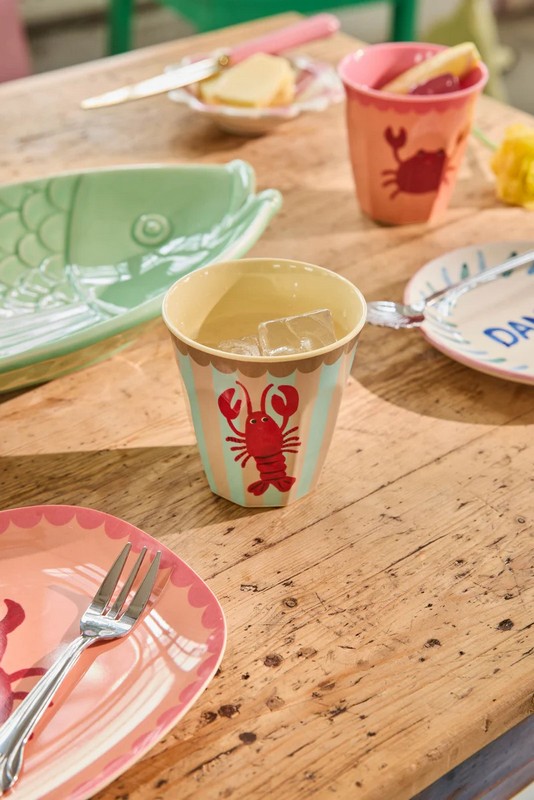 Bicchiere acqua in melamina decorato con aragosta e righe beige e azzurre