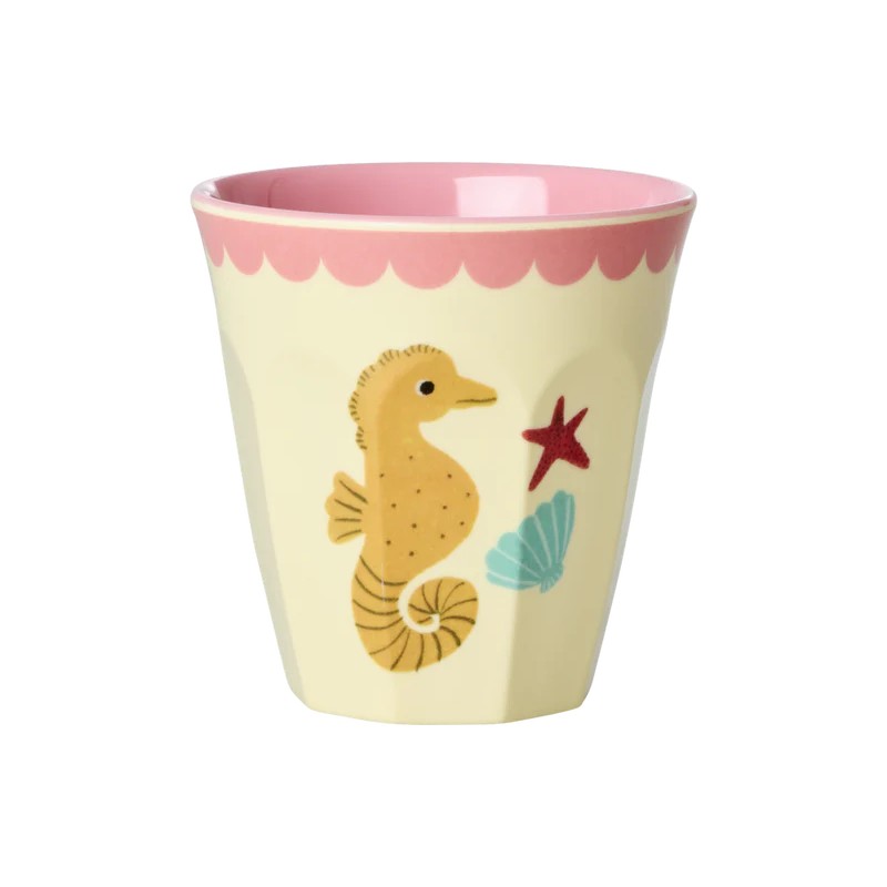 Bicchiere acqua in melamina decorato con cavalluccio marino e merlatura rosa