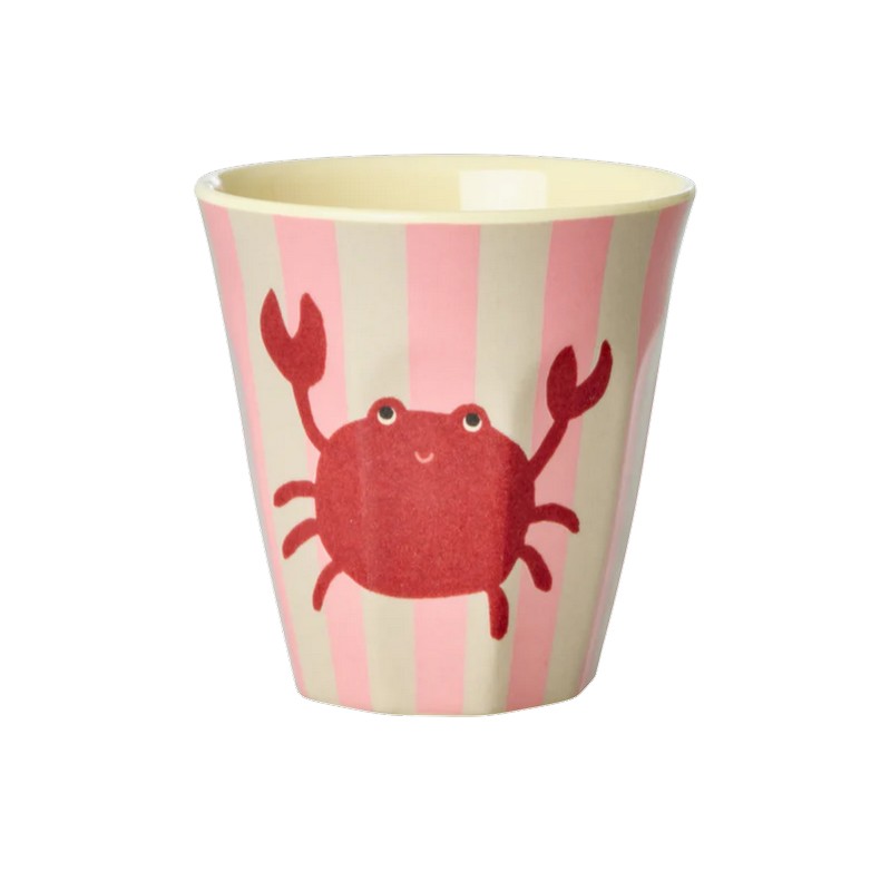 Bicchiere acqua in melamina decorato con granchio e righe rosa e beige