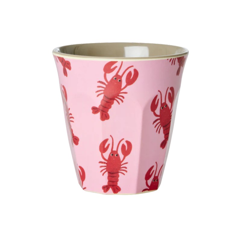 Bicchiere acqua in melamina decorato con aragoste su fondo rosa