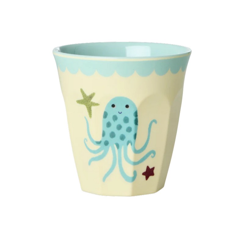 Bicchiere acqua in melamina decorato con polpo azzurro e merlatura azzurra