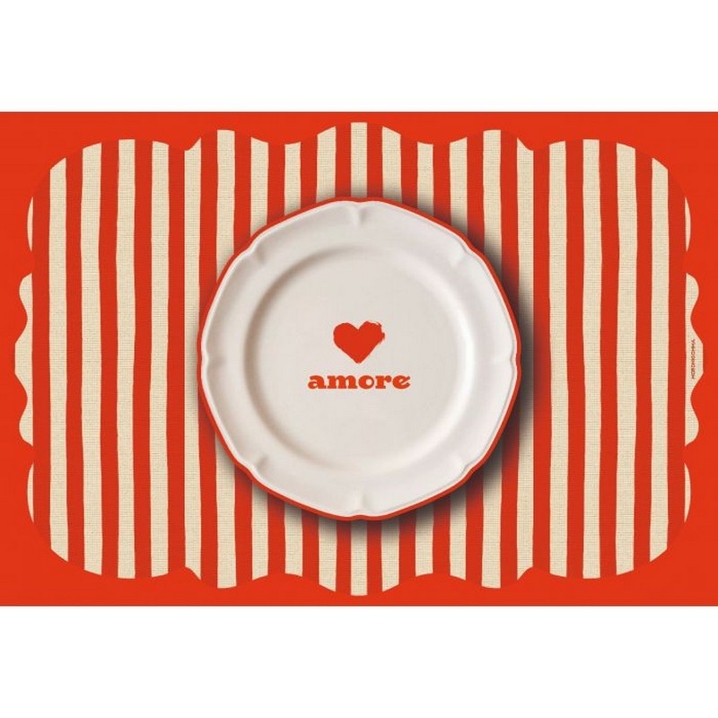 Tovaglietta americana sagomata a righe in plastica flessibile decorata con cuore e scritta “Amore”