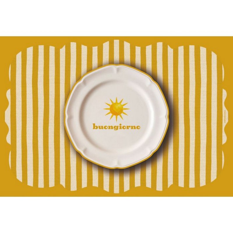 Tovaglietta americana sagomata a righe in plastica flessibile decorata con sole e scritta “Buongiorno”