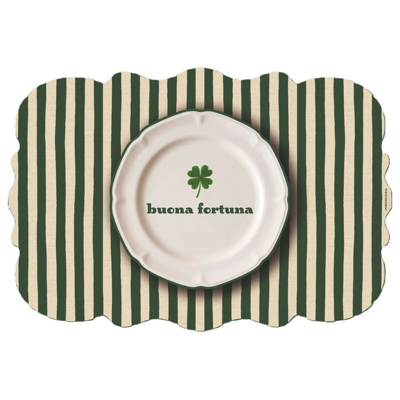 Tovaglietta americana sagomata a righe in plastica flessibile decorata con quadrifoglio e scritta “Fortuna”