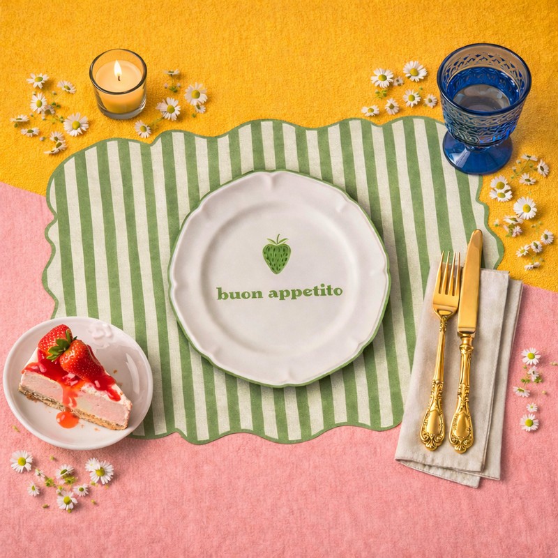 Tovaglietta americana sagomata a righe in plastica flessibile decorata con fragola e scritta “Buon appetito”