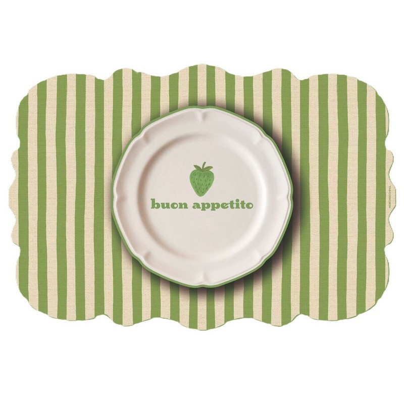 Tovaglietta americana sagomata a righe in plastica flessibile decorata con fragola e scritta “Buon appetito”