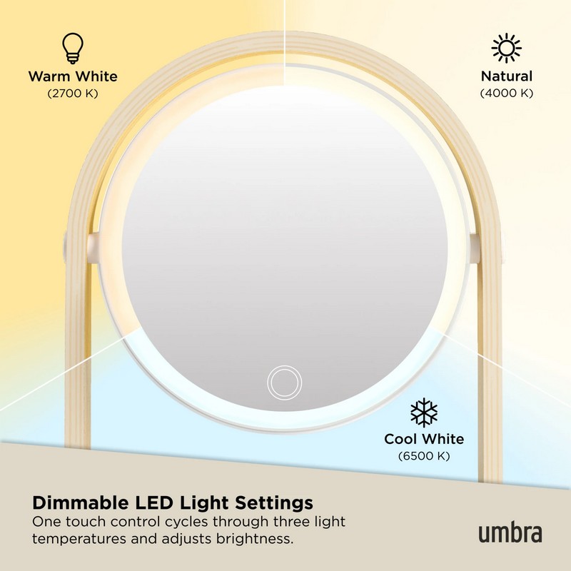 Specchio in legno con luce dimmerabile calda, naturale e fredda, vassoio portaoggetti e ingrandimento 1x e 10x