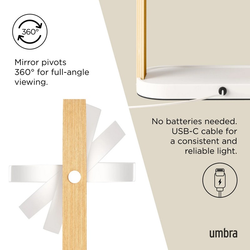 Specchio in legno con luce dimmerabile calda, naturale e fredda, vassoio portaoggetti e ingrandimento 1x e 10x