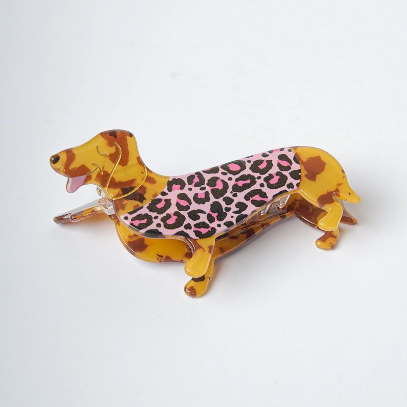 Fermacapelli a forma di bassotto leopardato effetto liscio, perfetto come idea regalo per donna