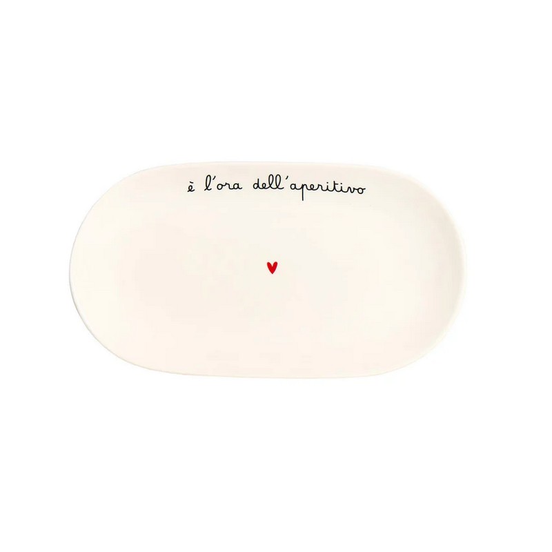Piatto da portata ovale in ceramica bianca decorato con scritta “È l'ora dell'aperitivo” e cuore, utilizzabile anche come vassoio o centrotavola
