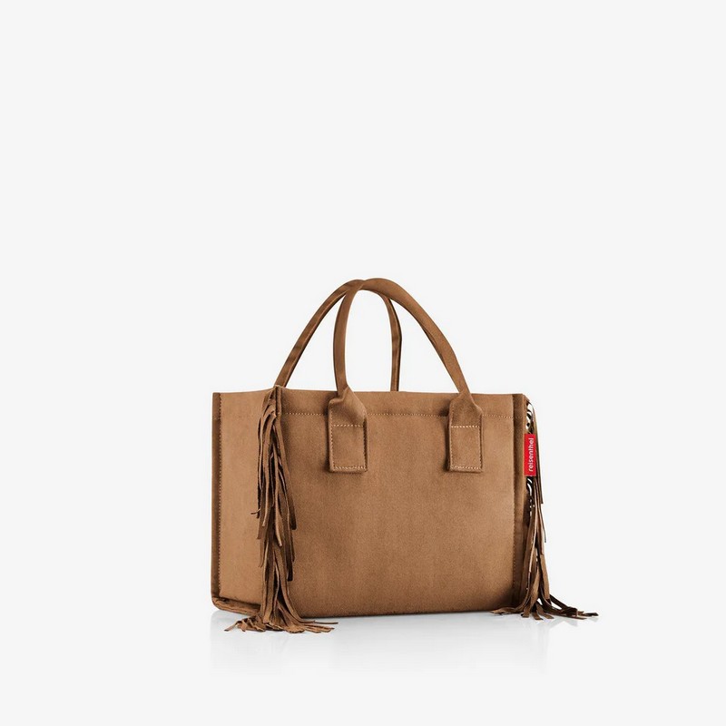 Borsa shopper XS scamosciata marrone con frange in stile western adatta a shopping, lavoro e uscite cittadine