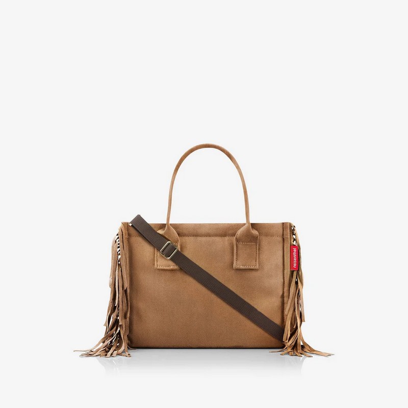 Borsa shopper XS scamosciata marrone con frange in stile western adatta a shopping, lavoro e uscite cittadine