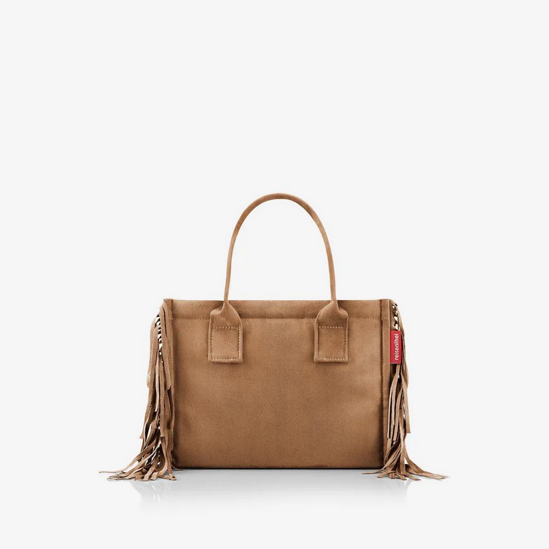 Borsa shopper XS scamosciata marrone con frange in stile western adatta a shopping, lavoro e uscite cittadine