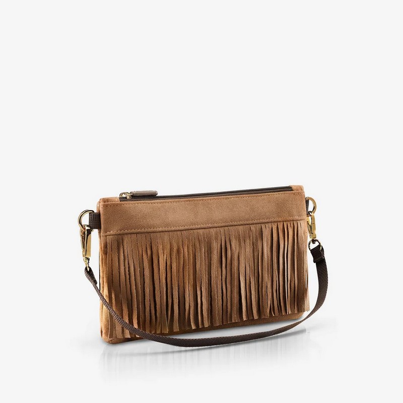Borsa a tracolla scamosciata marrone con frange in stile western adatta a lavoro e uscite cittadine