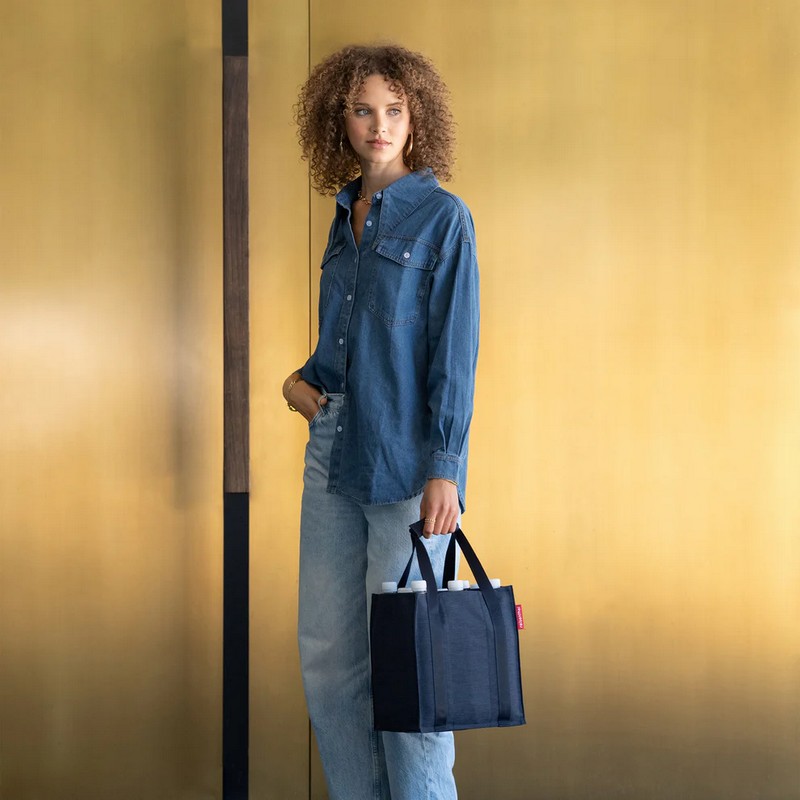 Borsa portabottiglie color blu navy con manici, può contenere 9 bottiglie