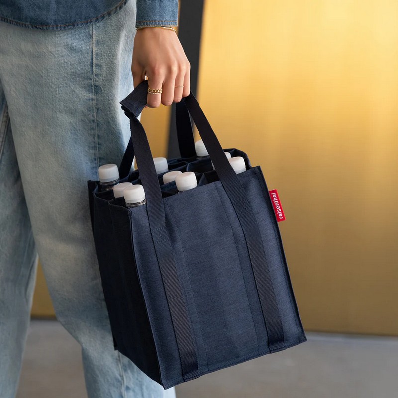 Borsa portabottiglie color blu navy con manici, può contenere 9 bottiglie