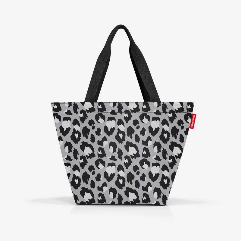 Borsa da shopping leopardata grigia con chiusura zip e fondo strutturato