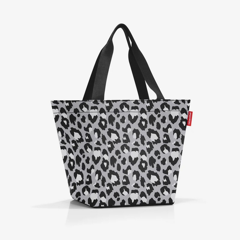 Borsa da shopping leopardata grigia con chiusura zip e fondo strutturato
