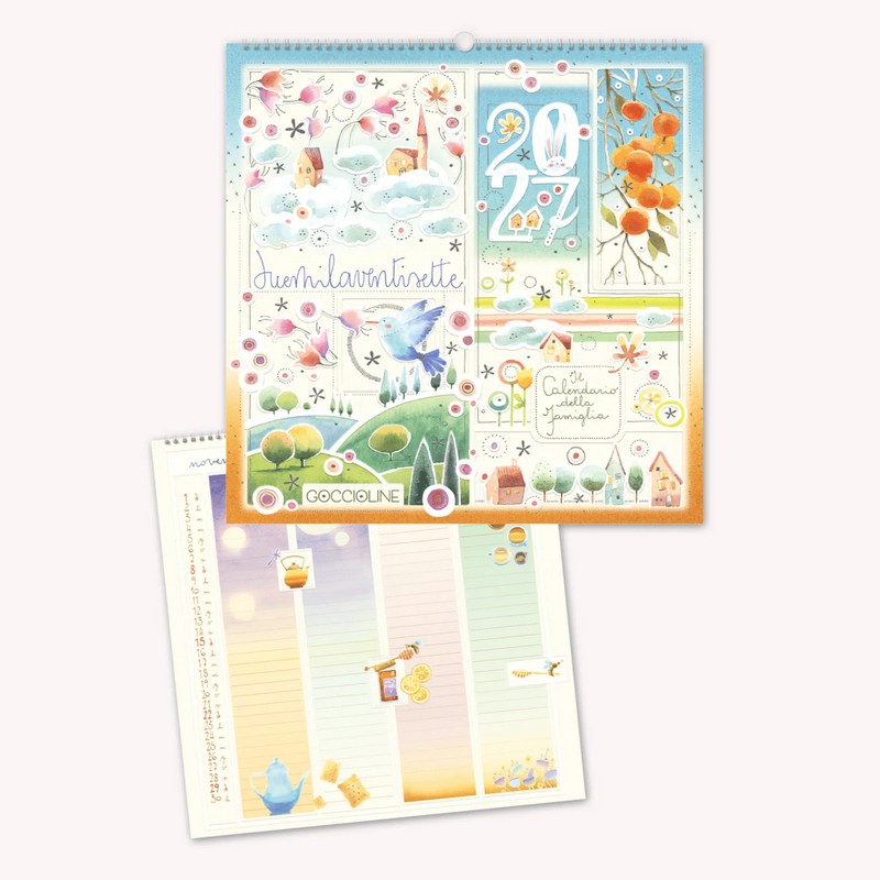 Calendario famiglia 2027 per 4 persone, con illustrazioni