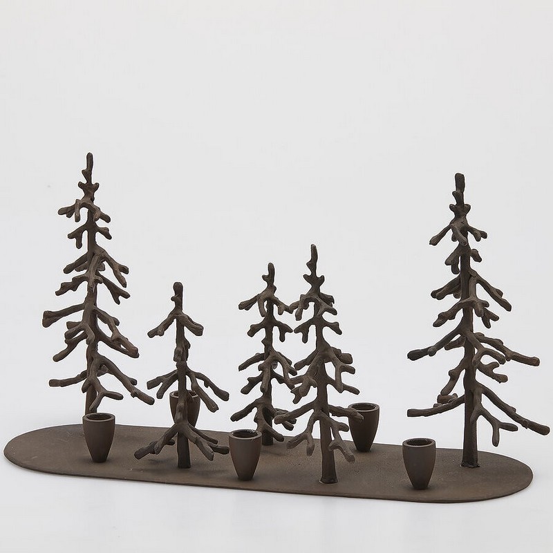 Portacandele bosco con 5 alberi e 5 slot per candele a stelo in metallo marrone