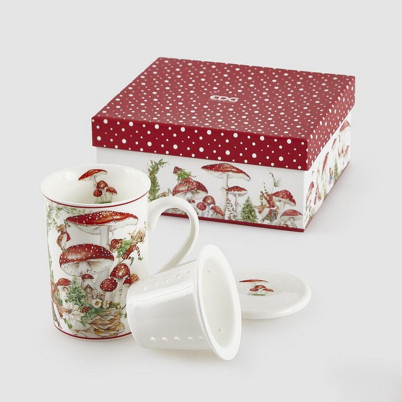 Tazza con infusore e coperchio decorata con funghi, contenuta in scatola regalo con decoro coordinato