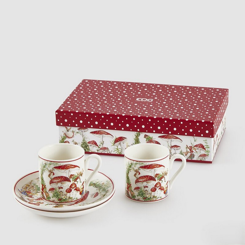 Set 2 tazzine da caffè con 2 piattini decorati con funghi in scatola regalo con decoro coordinato