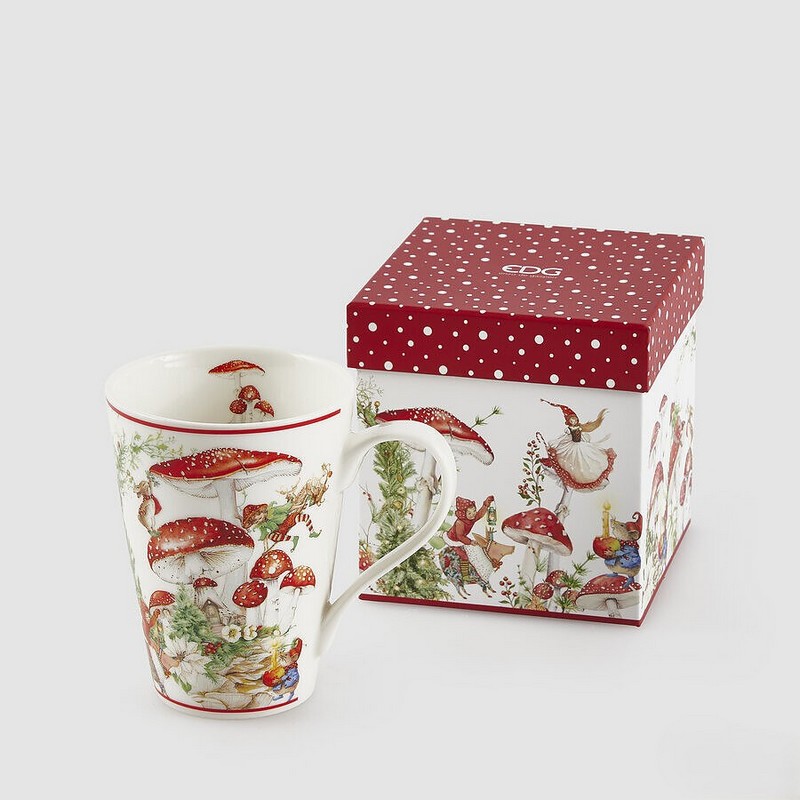 Tazza mug decorata con funghi, contenuta in scatola regalo con decoro coordinato