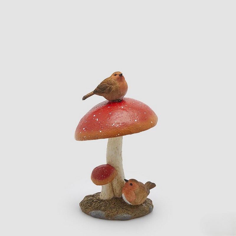 Decoro funghi con pettirossi in resina da appoggio, perfetto come decoro autunnale