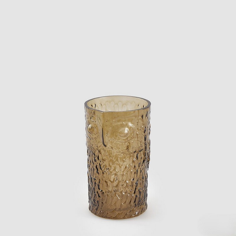 Vaso gufo di forma cilindrica in vetro marrone, ideale come decoro autunnale