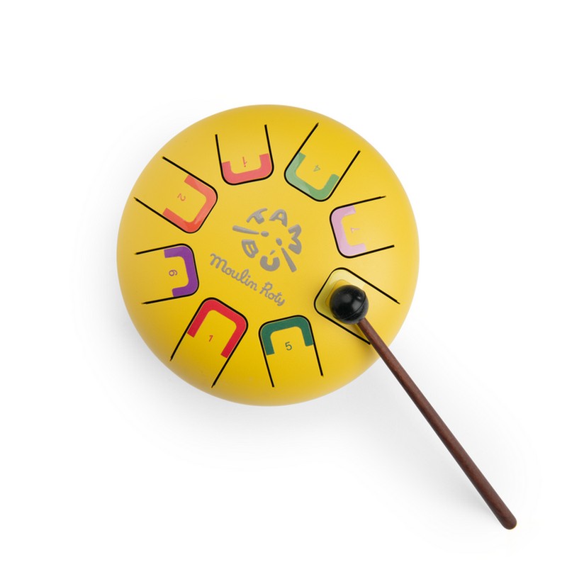 Tamburo a lingue in metallo (steel tongue drums) piccolo di colore giallo, bacchette incluse - una fantastica idea regalo per bambini!