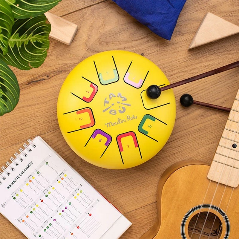 Tamburo a lingue in metallo (steel tongue drums) piccolo di colore giallo, bacchette incluse - una fantastica idea regalo per bambini!