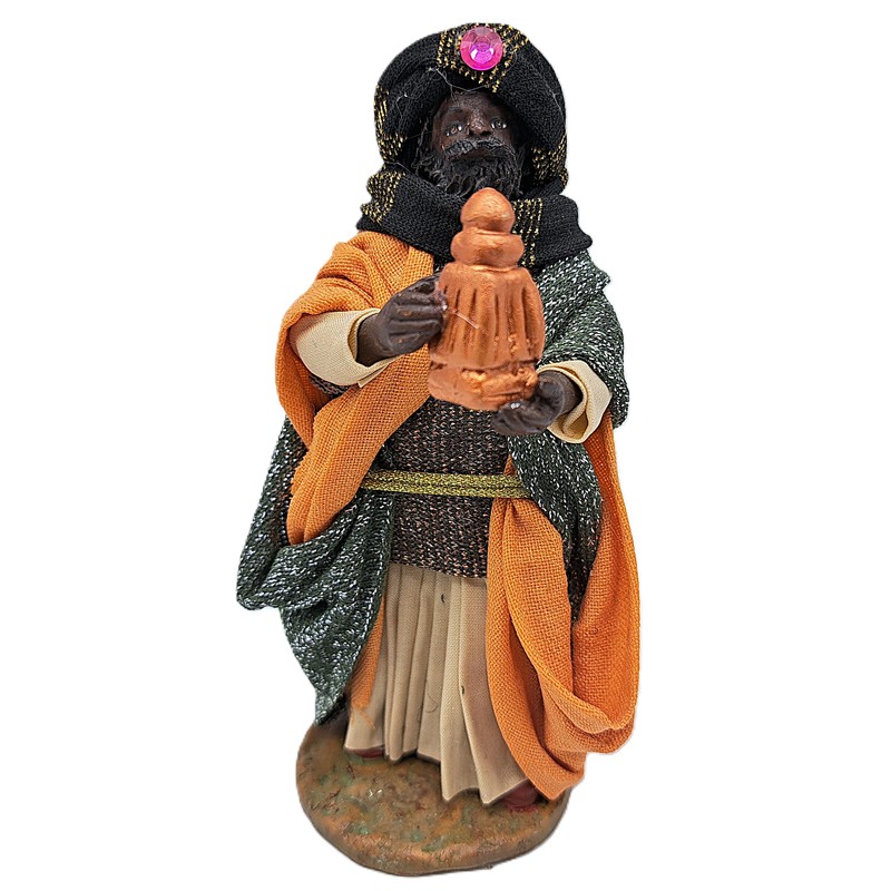 Re magio con mirra del presepe napoletano, prodotto artigianale di Napoli fatto a mano e dipinto a mano