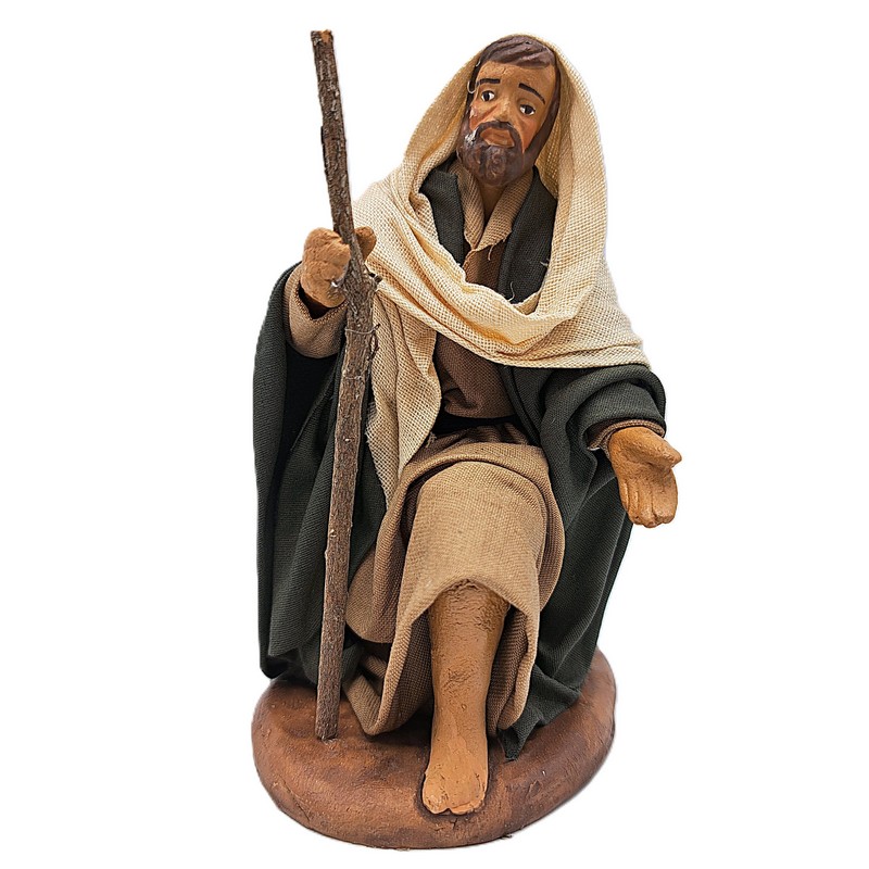 San Giuseppe inginocchiato con bastone del presepe napoletano, prodotto artigianale di Napoli fatto a mano e dipinto a mano