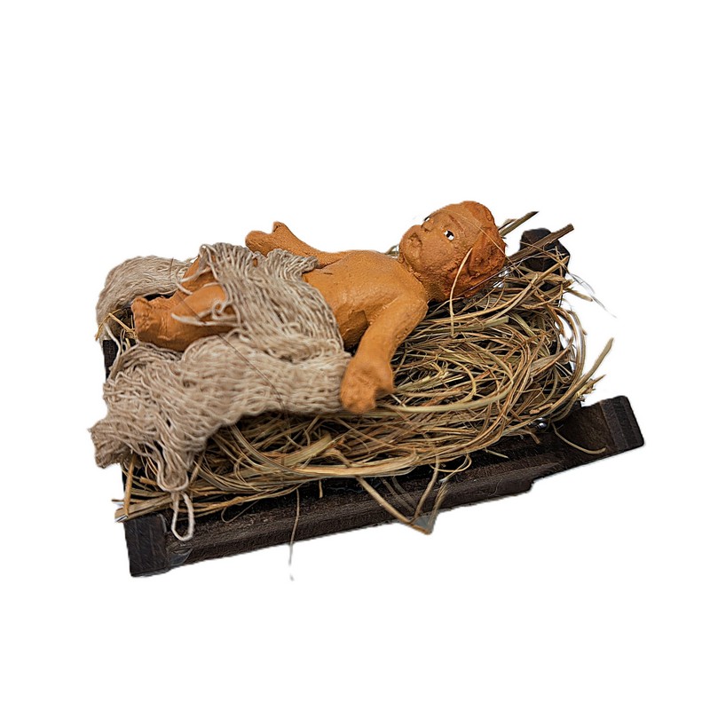 Gesù bambino in culla del presepe napoletano, prodotto artigianale di Napoli fatto a mano e dipinto a mano