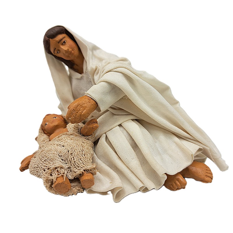 Madonna con Gesù bambino del presepe napoletano, prodotto artigianale di Napoli fatto a mano e dipinto a mano